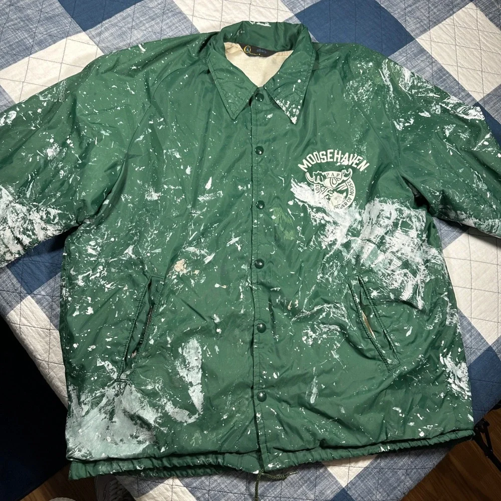 1970s Crazy Paint Stained Vintage Champion Windbreaker Coaches Jacket Green XL